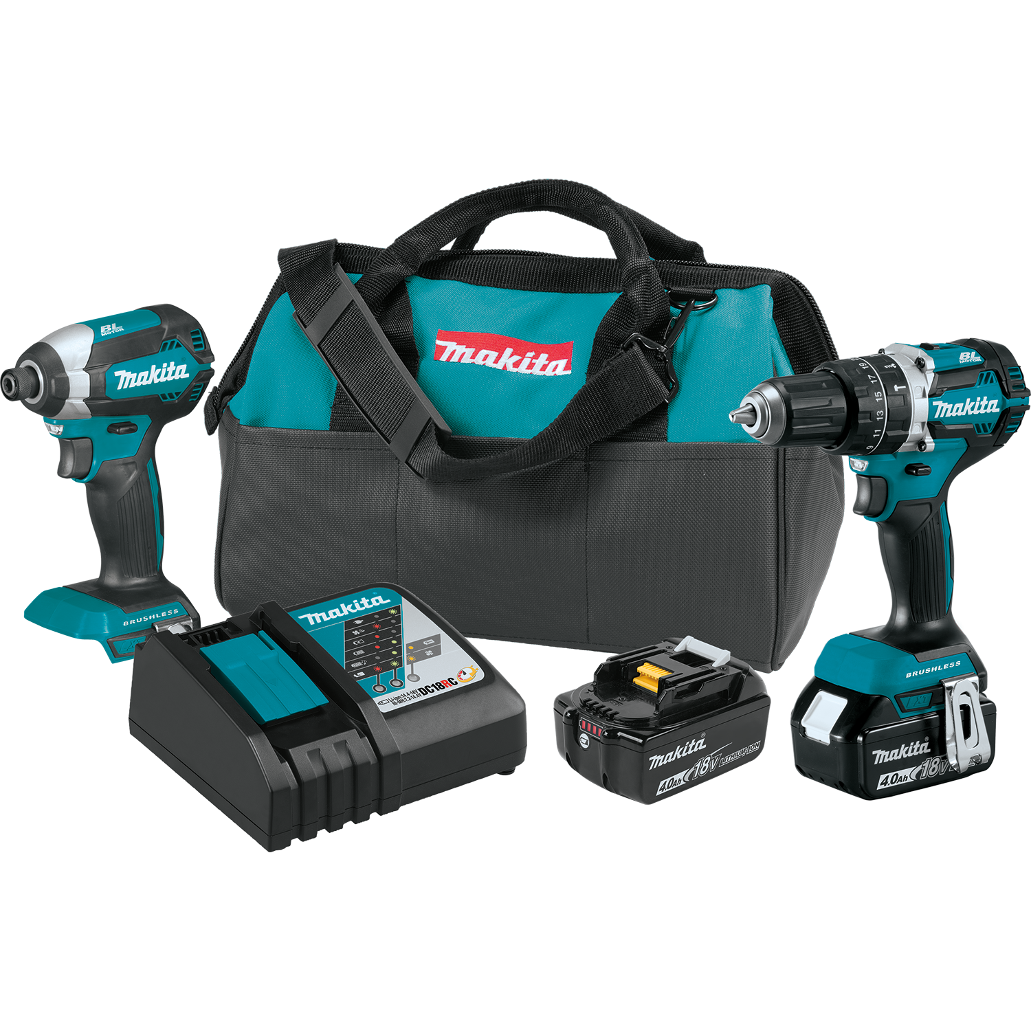 Makita 18V LXT lithium-ion brushless cordless 2-piece combo kit with 4.0Ah batteries, featuring drill and impact driver tools.