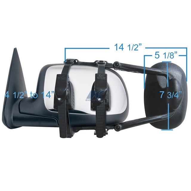 Exterior Towing Mirror; Clip-On For Mirrors 4-1/2 Inch to 11-1/2 Inch; Single 7-3/4 Inch x 5-1/8 Inch; Extends 14-1/2 Inch