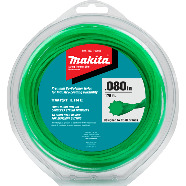 Makita Twisted Trimmer Line, 0.080”, Green, 175’, 1/2 lbs