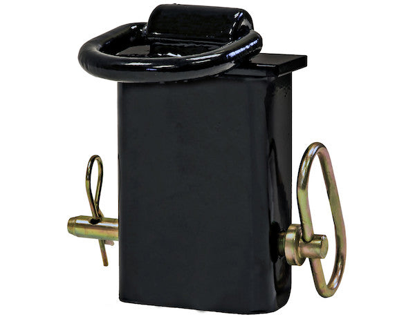 Black powder coat D-ring stake pocket by Buyers Products, mounted on a vehicle or trailer for secure tie-down points.