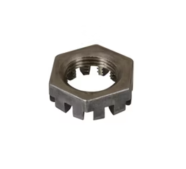 Hex nut with 12 castellations for 1-inch-14 spindle castle axle components, made by Dexter Distribution Group LLC.