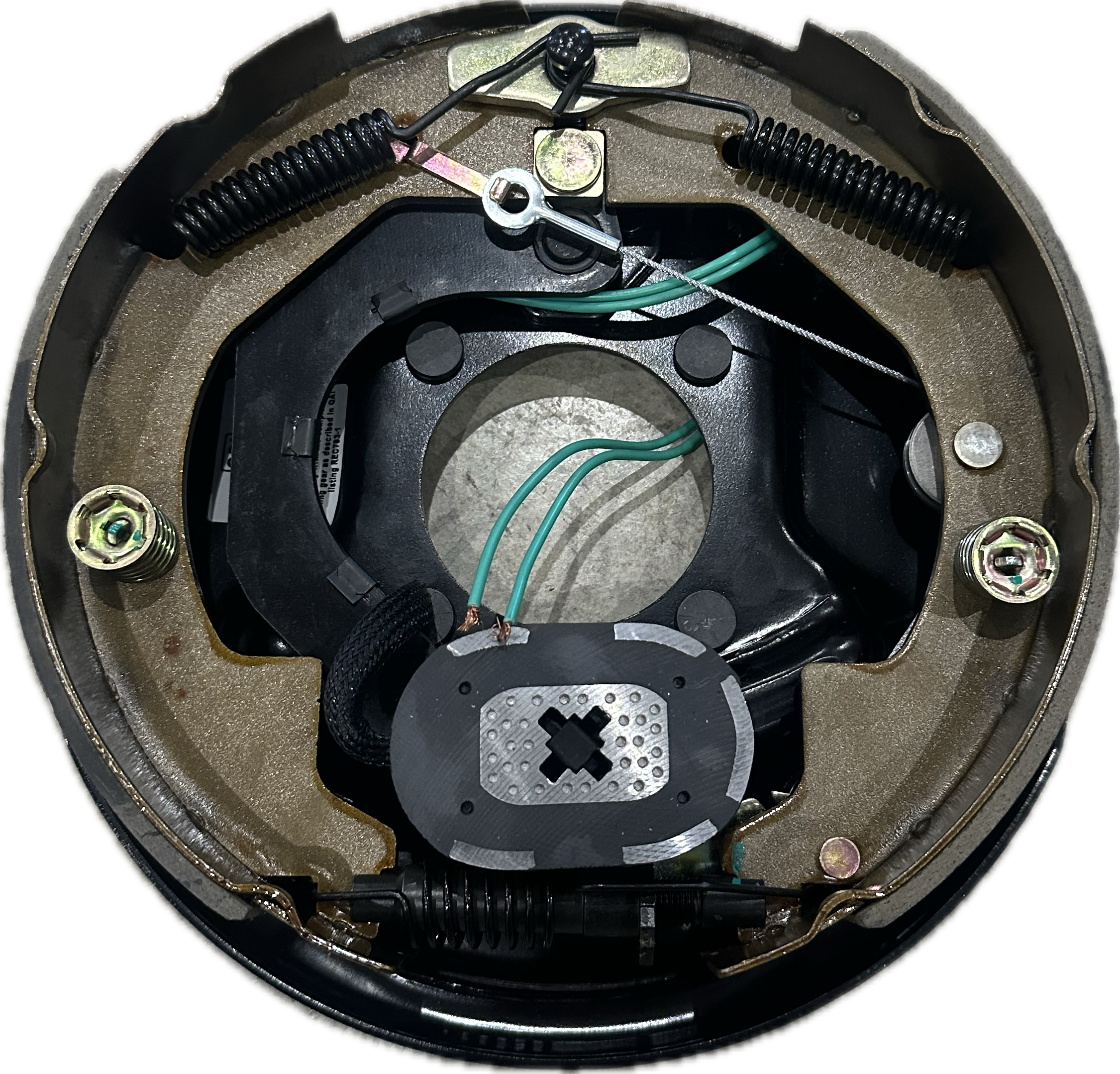 Electric brake assembly for 3.5K 10-inch axle, self-adjusting LHS Apex component with brake drum and wiring visible.