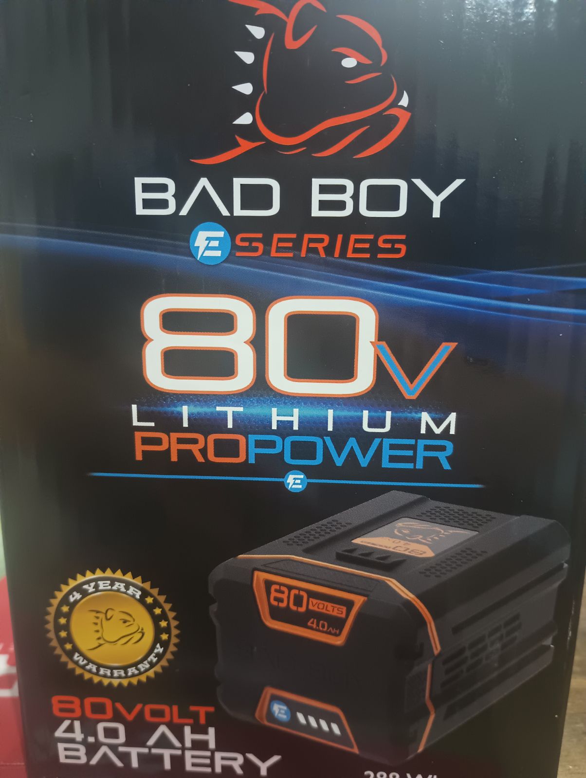 80V 4.0 Ah battery for power tools, shown with branding from Indiana Trailer Sales, compact and portable design