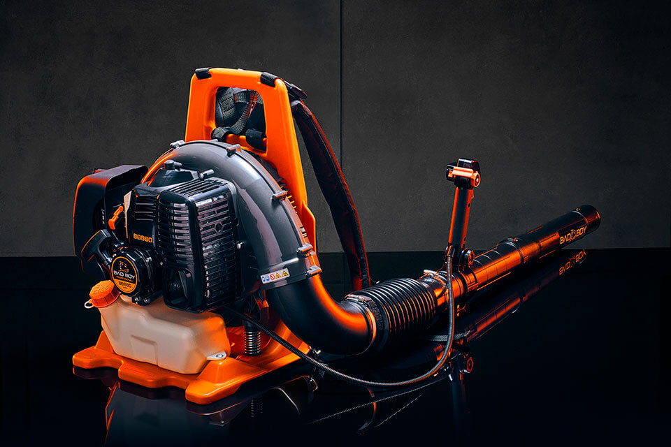 Black Bad Boy 880 backpack blower with adjustable straps and control panel, designed for efficient leaf and debris clearing.
