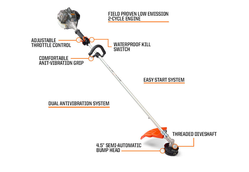 Bad Boy ST254 Trimmer in orange with black handle and cutting head, showcasing durable outdoor landscaping equipment.