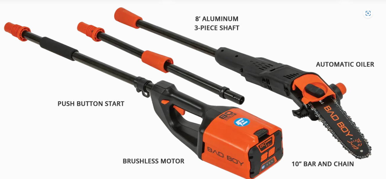 Brushless 10-inch pole saw with 2Ah battery from Indiana Trailer Sales, featuring a lightweight design and adjustable extension.