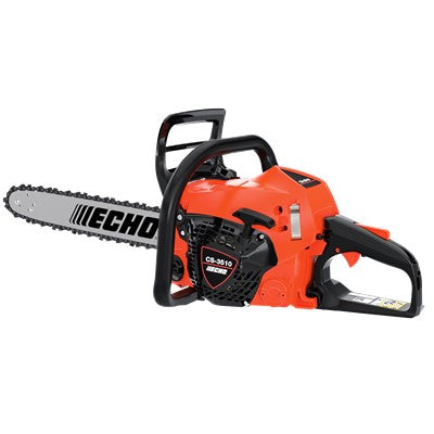 16-inch ECHO chain saw with black and red design, featuring a sturdy handle and guide bar for cutting trees and wood.