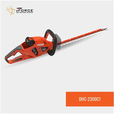 Echo hedge trimmer DHC-2300C1 with 56V battery and charger, featuring dual-action blades for precise hedge trimming.