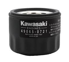 Kawasaki oil filter shown, designed for motorcycle engine oil filtration, with a cylindrical metal body and filter element inside.