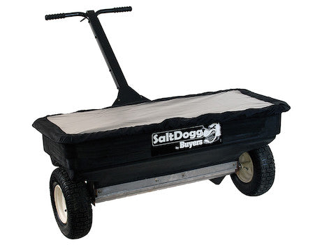 SaltDogg walk-behind drop spreader with 200 lbs capacity, ideal for lawn and garden salt or fertilizer spreading.