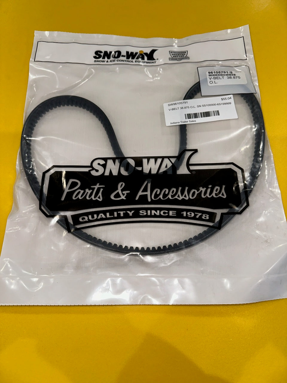Sno-way V-belt 38.875 inches long, SN 5S100000-6S199999, for snowplow equipment, on a product display with branding details