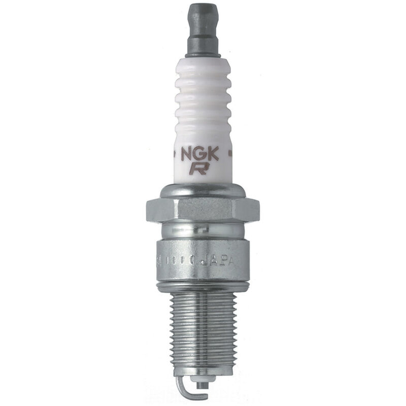 Spark plug BPR4ES from Indiana Trailer Sales, showing the metal core and ceramic insulator for automotive or trailer engines.