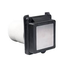 Standard 50A 125/250V RV power inlet, electrical component for trailers, shown in a close-up image.