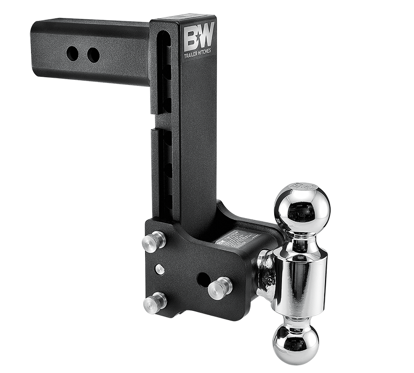 Black B&W Tow & Stow hitch with 14,500 gross weight, 9-inch drop, and 9.1/2-inch rise, designed for trailer towing.