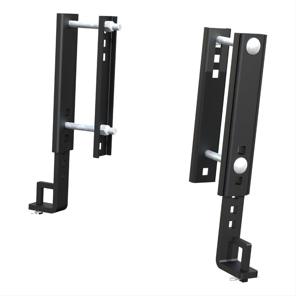 Two Curt Replacement TruTrack 8-inch adjustable support brackets for trailer hitches, black metal with mounting holes.