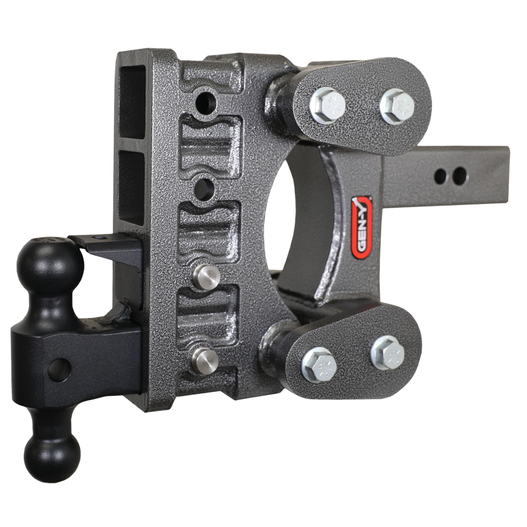 GEN-Y The Boss 32K Torsion-Flex drop hitch with Versa-Ball mount and pintle lock, adjustable 6-inch drop for heavy-duty trailers.