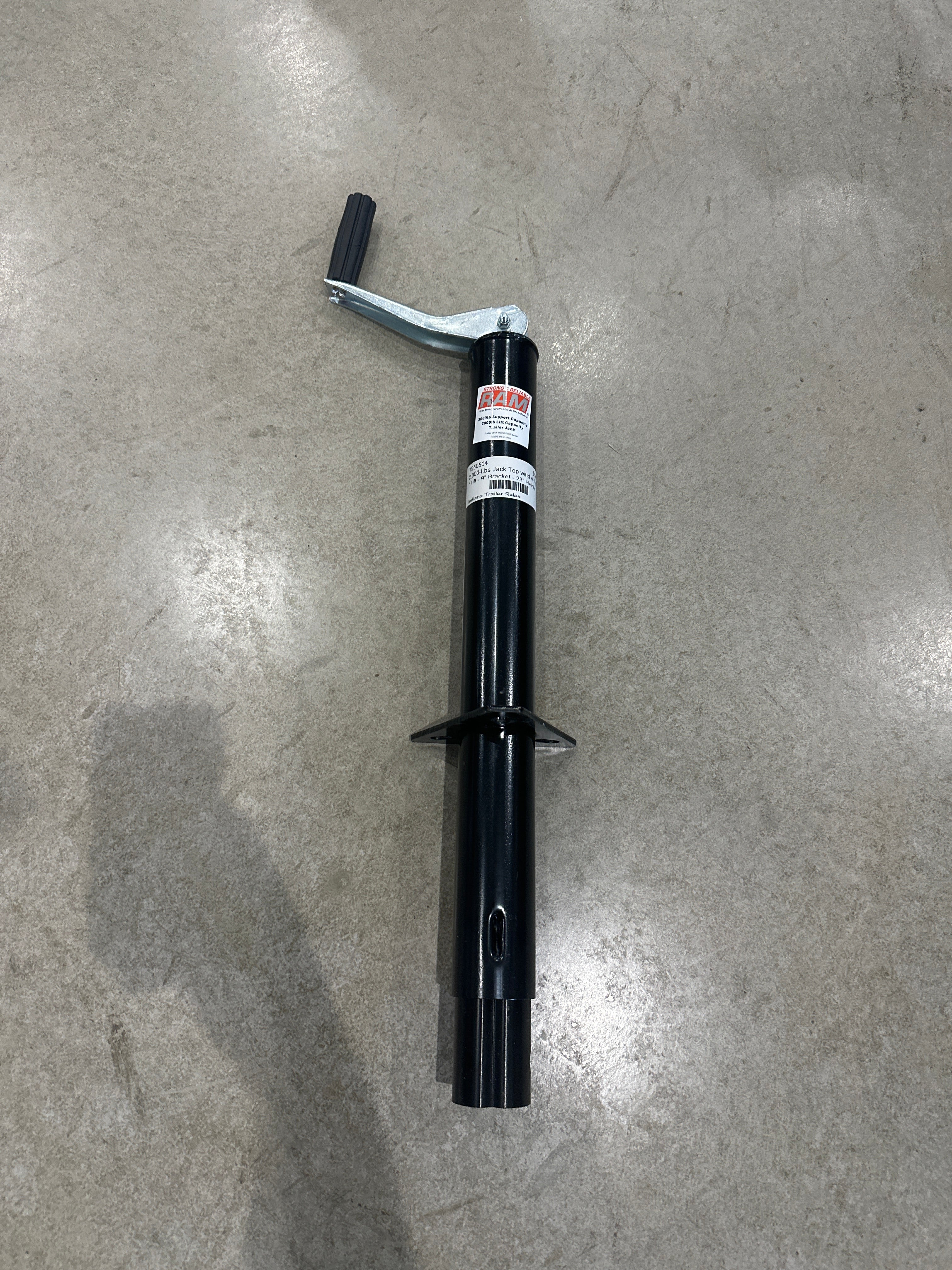 Black 2,000-lb A-frame jack with 15-inch lift, 9-inch bracket, and 23-inch height for trailers, by Indiana Trailer Sales.
