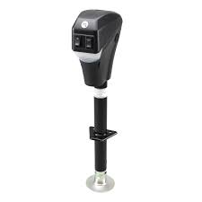 Black Lippert electric tongue jack for trailers, 3500-pound capacity, mounted on a trailer tongue with mounting bracket.
