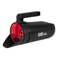 Black Buyer Products hand salt shaker spreader for snow control, designed for even salt distribution on icy surfaces.