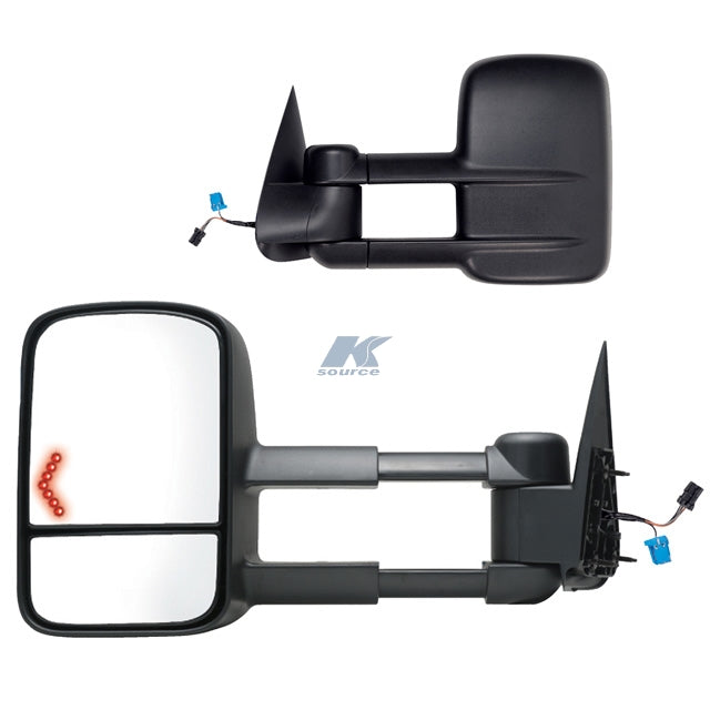 Pair of black OEM replacement towing mirrors for trucks, with 4-inch extension, electric fold, heated glass, turn signals, set of 2.