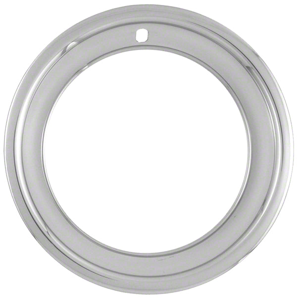 Set of four 15-inch stainless steel wheel trim rings with 2.5-inch depth for trailer wheels and tires.