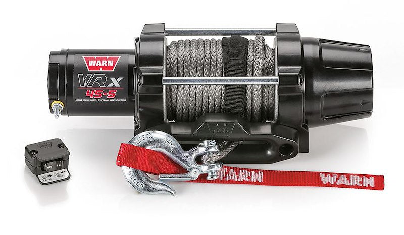 Warn winch with 4,500-pound capacity, 50-foot synthetic rope, mounted on a vehicle, designed for heavy-duty towing.