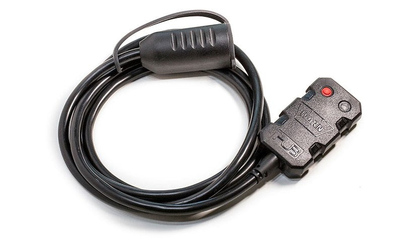 Warn Winch Remote Control System for Warn ZEON, VR, VR EVO winches, showing remote device with buttons and wiring on a neutral background.