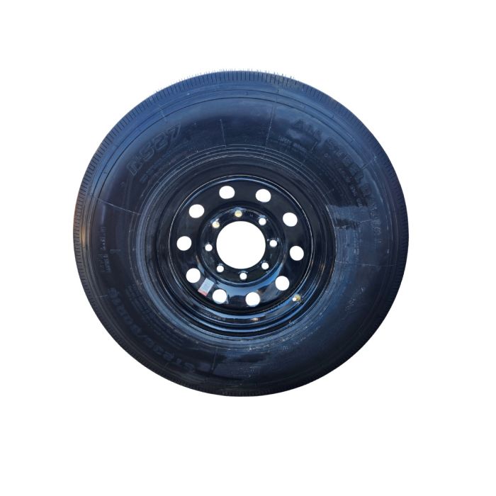 Black 14-ply PJ Trailers 235/16 tire and wheel with model 865, suitable for heavy-duty trailer applications.