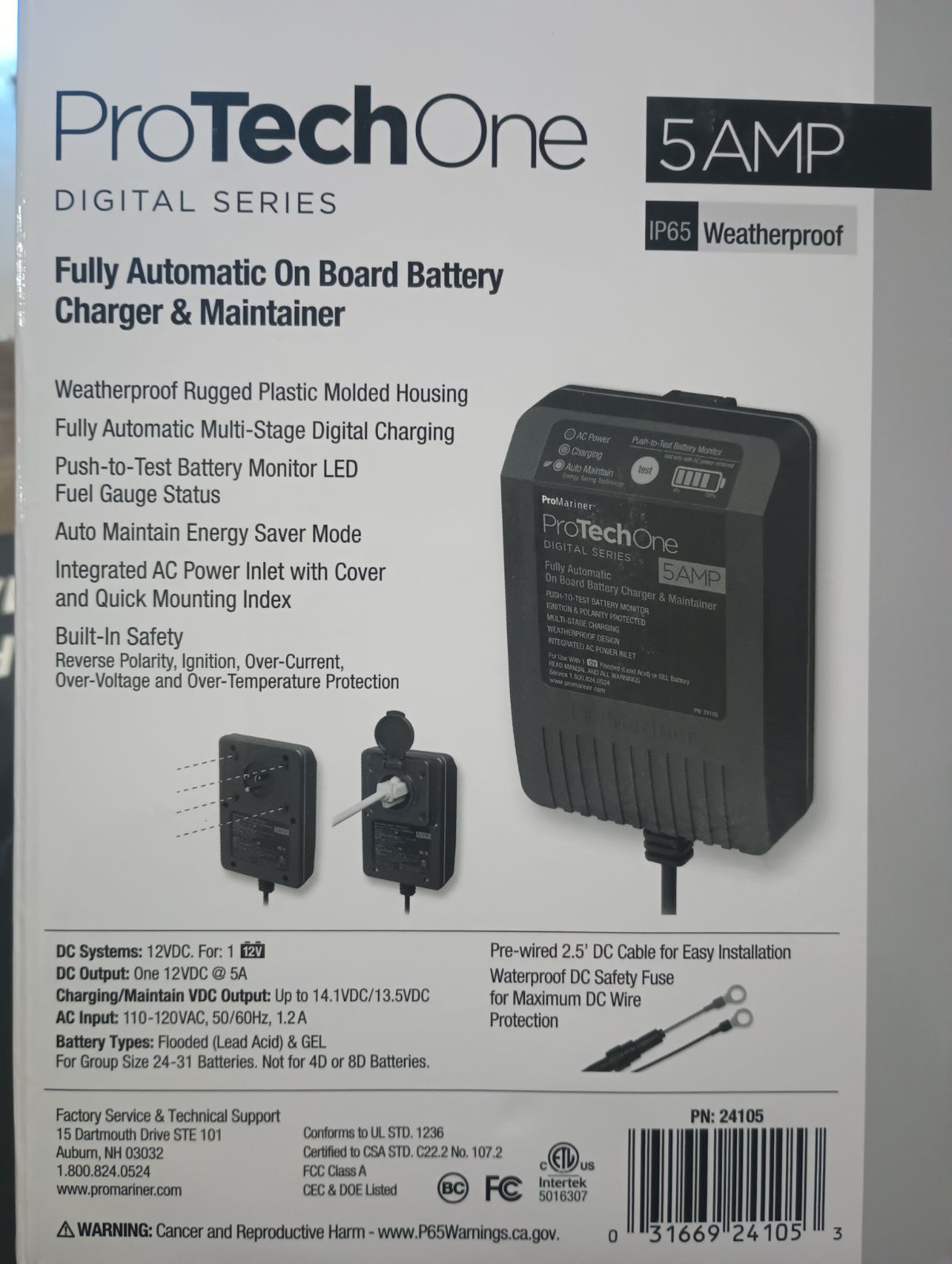 PJ Trailers 12V built-in battery charger, electrical and light product, shown with wiring and control panel.