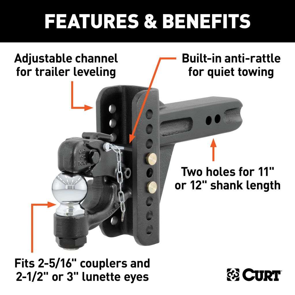 CURT - 45908 - ADJUSTABLE CHANNEL MOUNT WITH 2-5/16" BALL & PINTLE (2-1/2" SHANK, 20,000 LBS.) - Indiana Trailer Sales