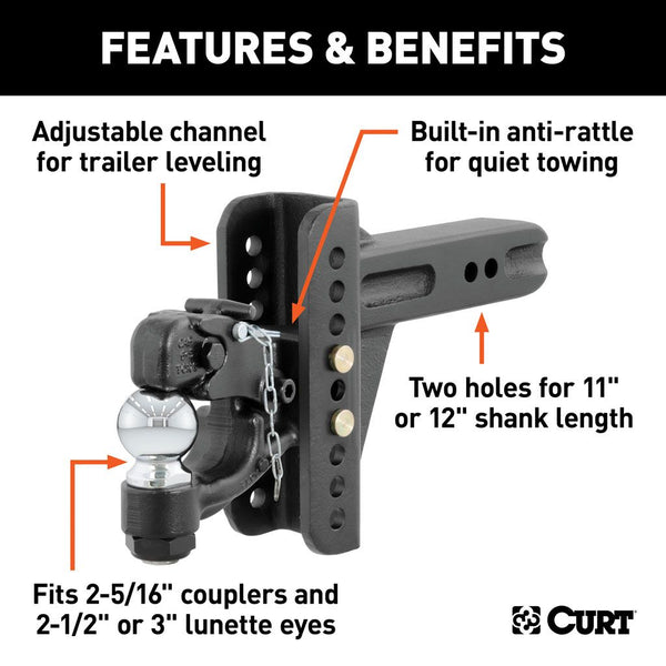 CURT - 45908 - ADJUSTABLE CHANNEL MOUNT WITH 2-5/16" BALL & PINTLE (2-1/2" SHANK, 20,000 LBS.)