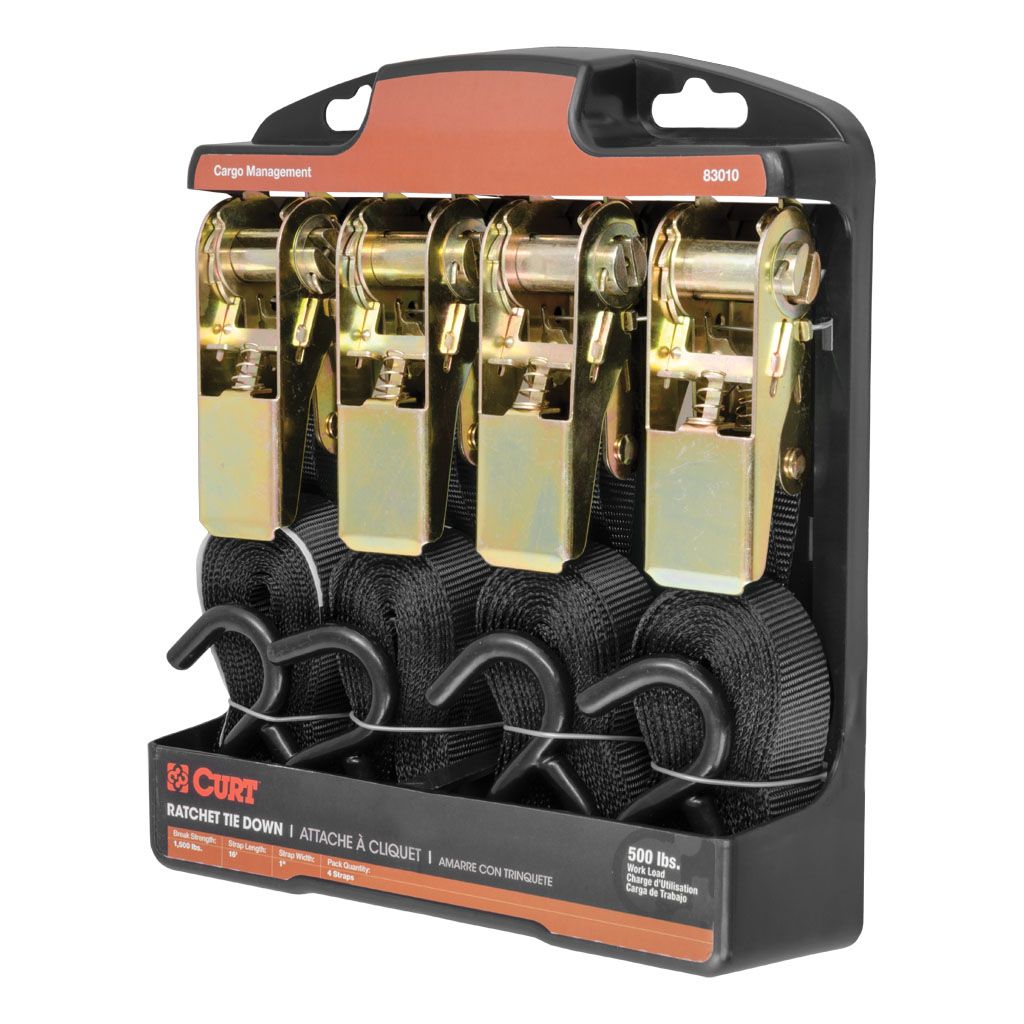 Four black Curt Manufacturing cargo straps from the 83010 4-pack, designed for secure cargo control and tie-downs.