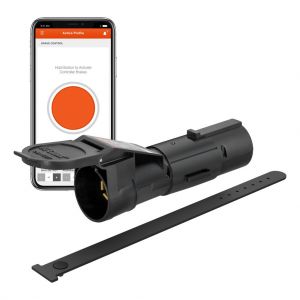 Curt Echo Mobile trailer brake controller for electrical and lights, mounted in a vehicle dashboard with wiring connections.