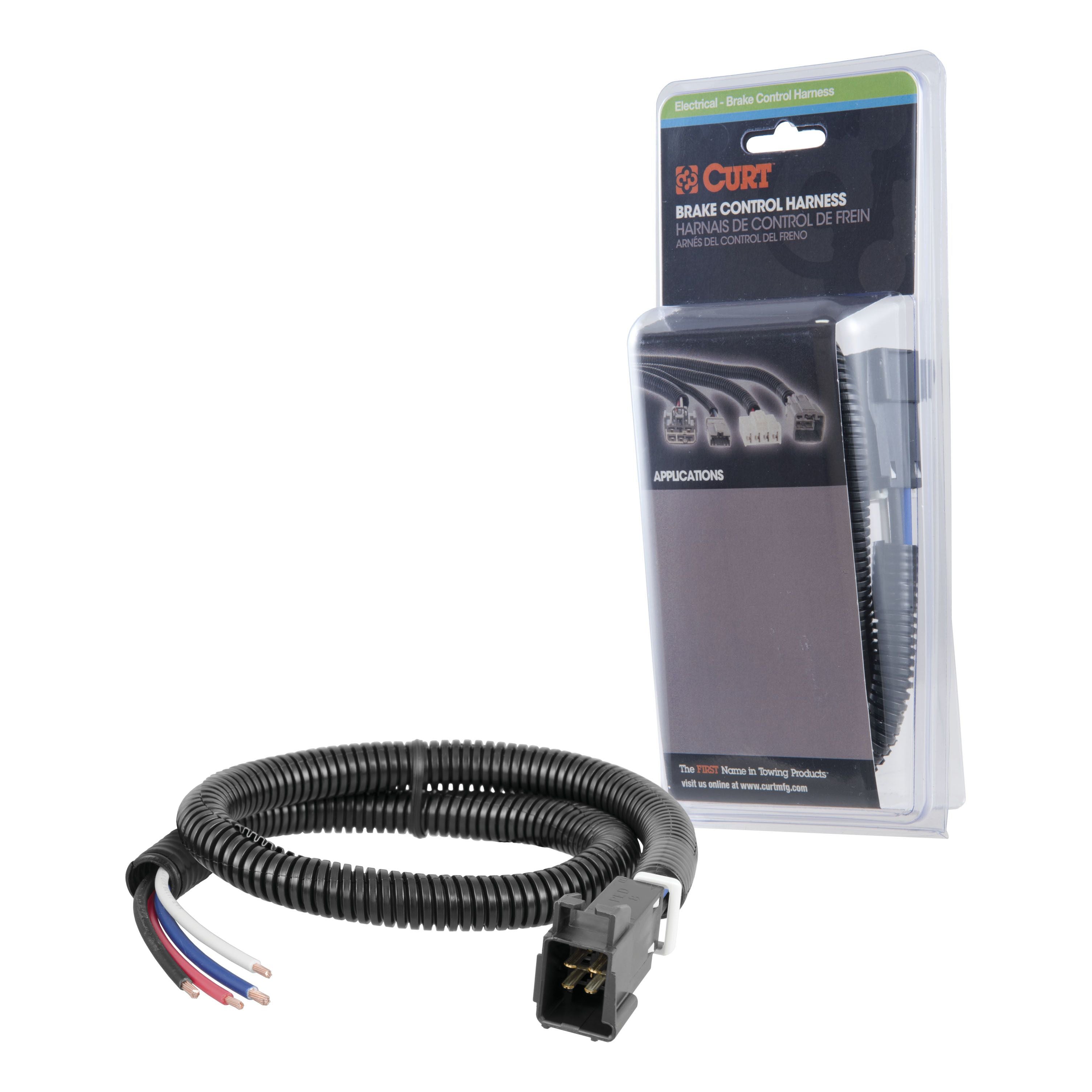 Curt Manufacturing universal brake control harness with pigtails, packaged electrical and lights accessory for trailer braking systems.