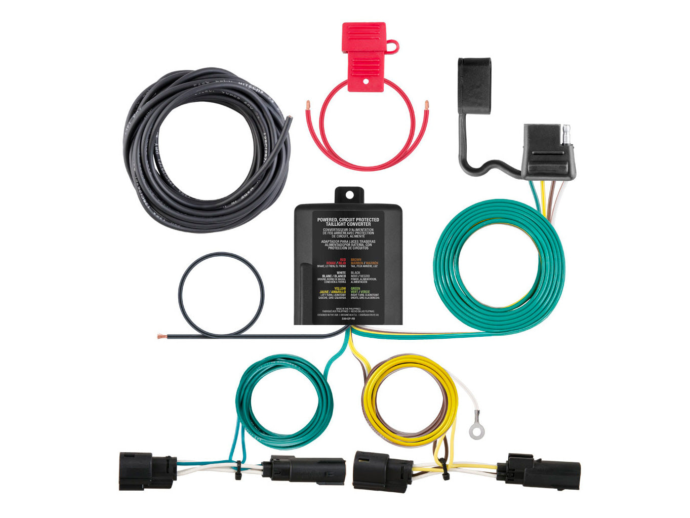 Curt Manufacturing custom wiring harness with 4-way flat output, designed for electrical and lighting applications in vehicles.
