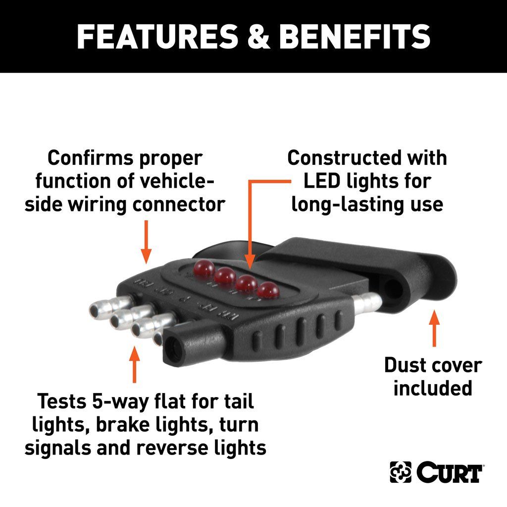 Curt Manufacturing 5-Way Flat Connector Tester for electrical and lights, used to test trailer wiring connections.