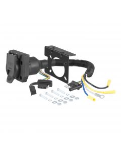 Curt dual-output electrical adapter converts 7-way RV blade to 4-way flat for trailer wiring connections.