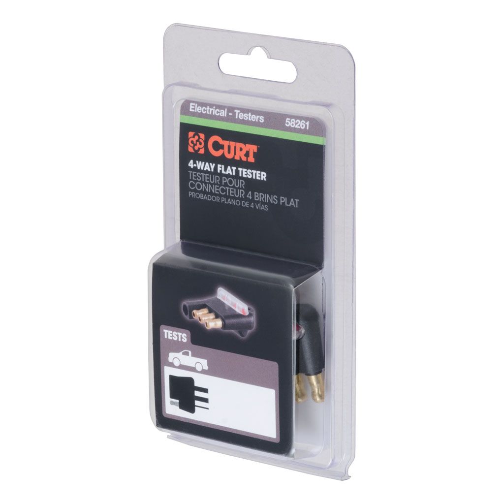 Curt Manufacturing 4-Way Flat Connector Tester for electrical and lighting wiring, compact device for testing trailer light connections.