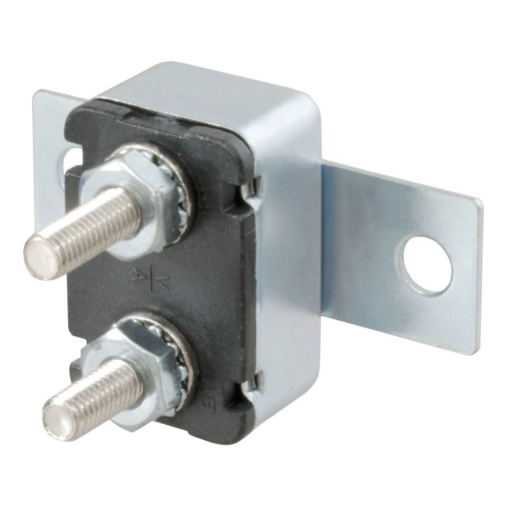 Curt Manufacturing 30-amp universal circuit breaker for electrical and lighting systems, with visible switch and wiring terminals.