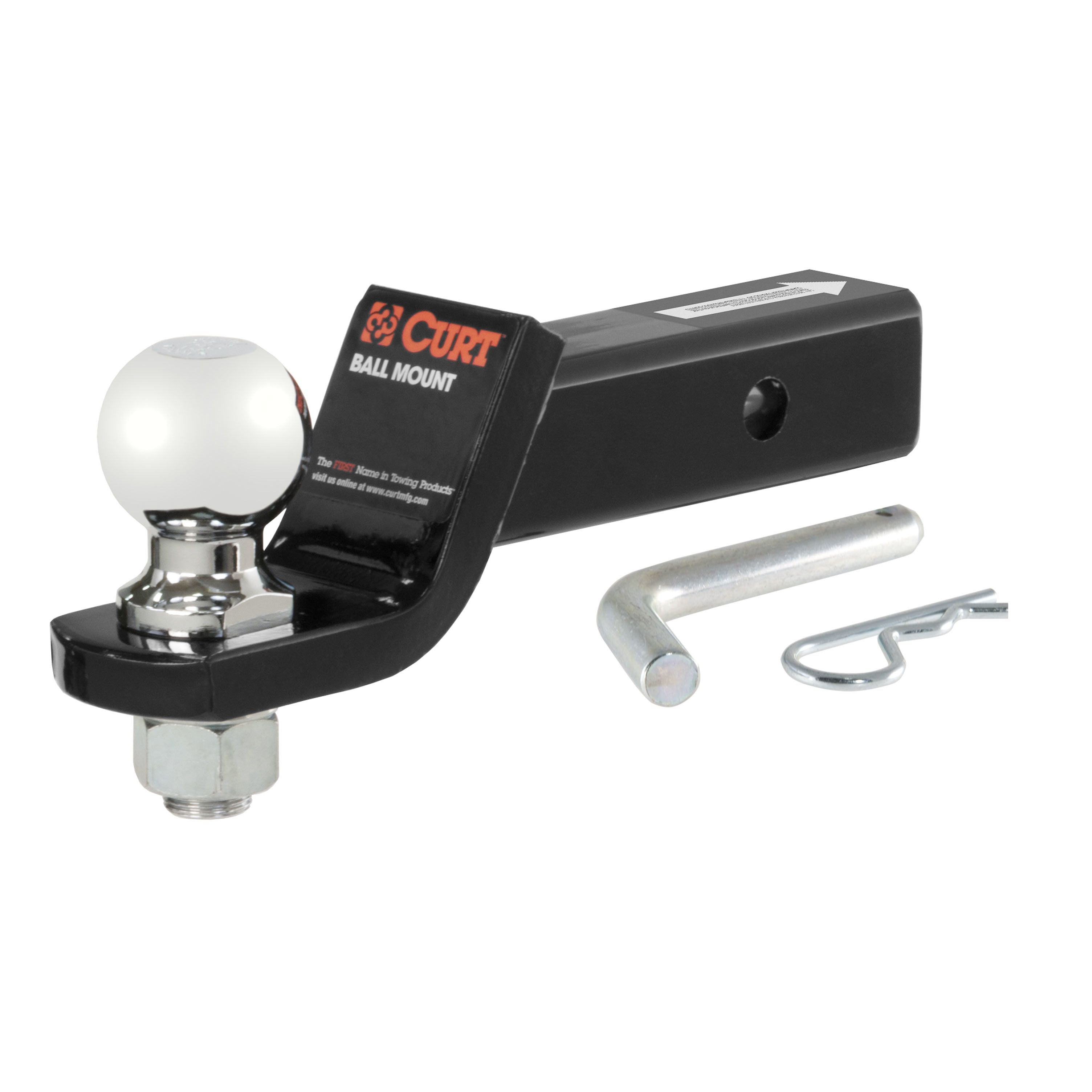 Curt Manufacturing loaded ball mount hitch with 2-5/16 inch ball, 2-inch shank, 7,500 lbs capacity, and 2-inch drop for towing.