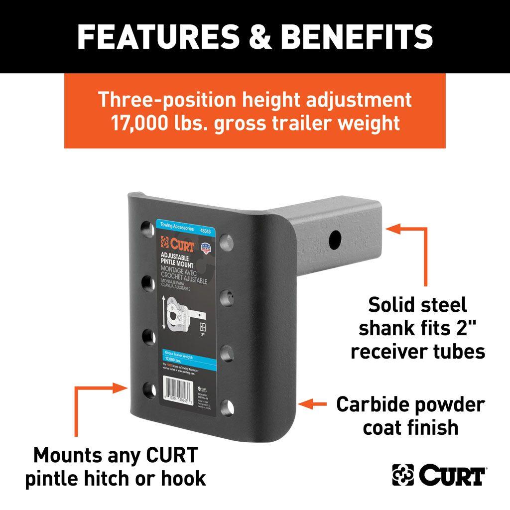 Curt 48343 adjustable pintle mount hitch with 2-inch shank, 17,000 lbs capacity, 7-1/4 inches high, 6 inches long for towing.