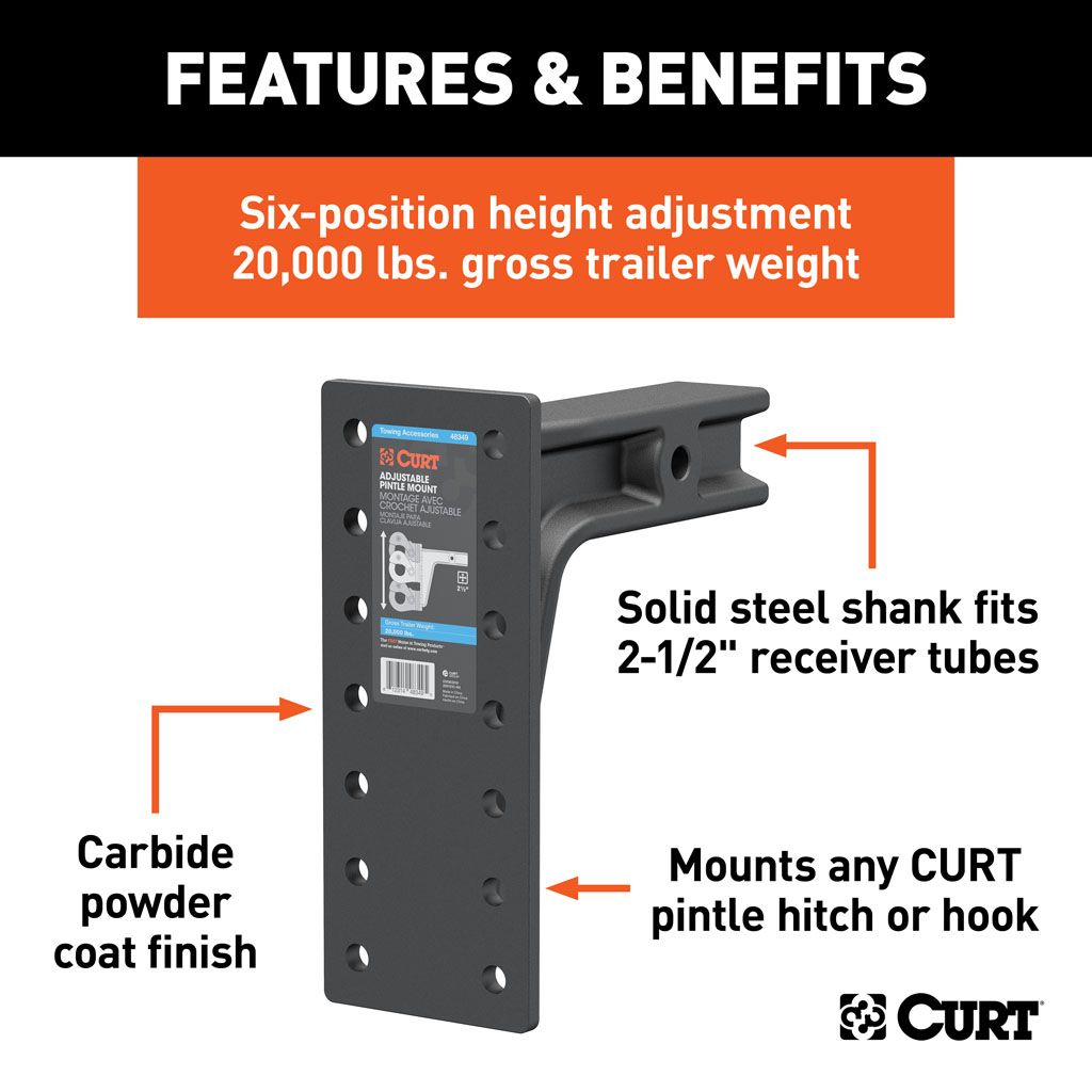 Curt Manufacturing adjustable pintle mount hitch with 2.5-inch shank, 20,000 lbs capacity, 12.5-inch height, 10.75-inch length.