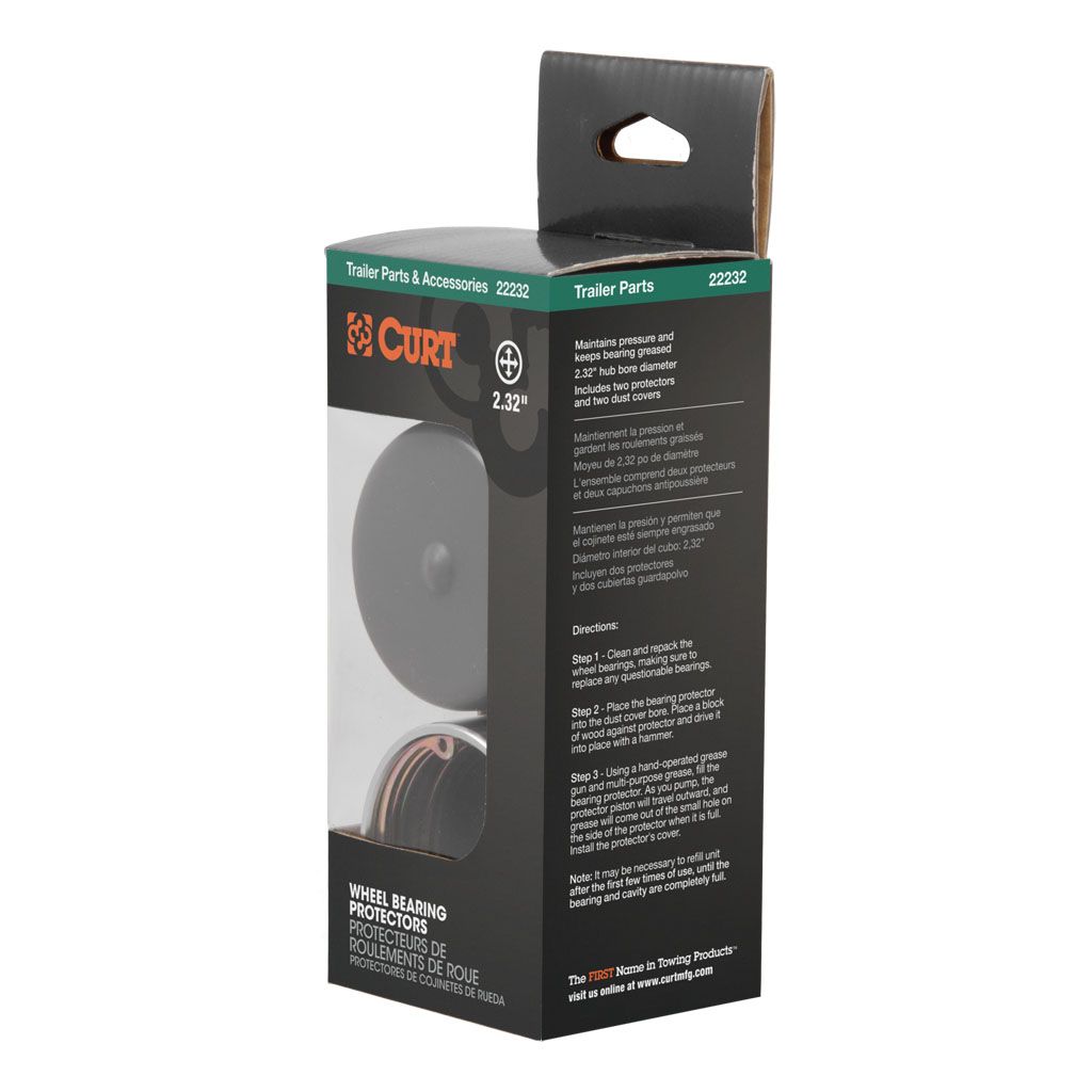 Curt Manufacturing LLC 2.32-inch trailer bearing protectors and covers for secure trailer wheel maintenance.