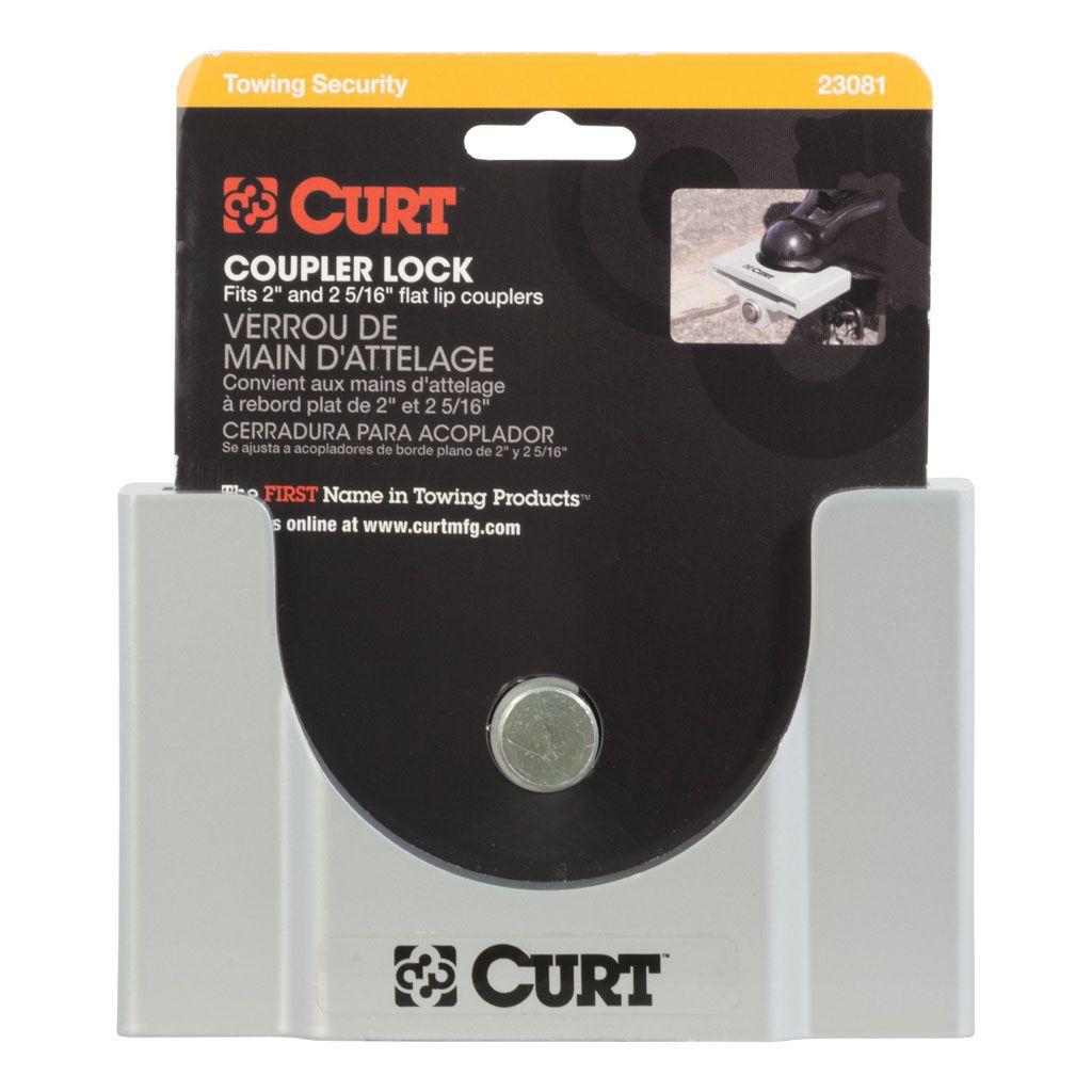 Curt trailer coupler lock for 2 or 2-5/16 inch trailers, durable security lock from Curt Manufacturing LLC.