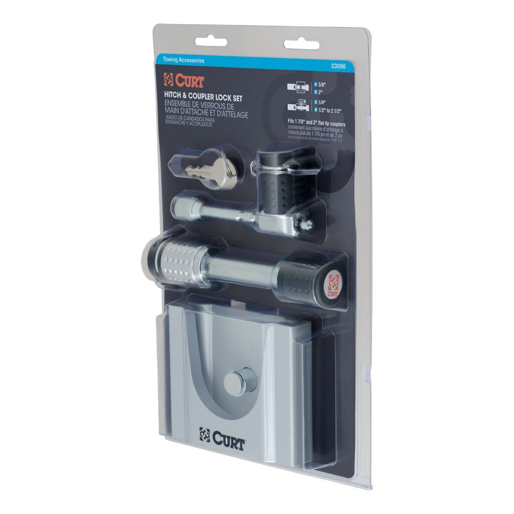 Curt Hitch and Coupler Lock Set for 2-inch receivers, includes latch and lip locks, trailer lock accessories from Curt Manufacturing