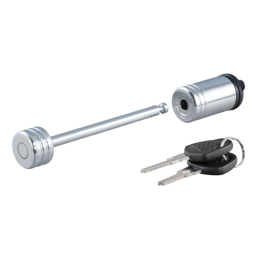 Chrome Curt 23523 coupler lock with 1/4" pin and 3-3/8" latch span for trailer security, barbell design by Curt Manufacturing.