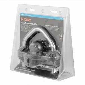 Curt universal trailer coupler lock in hammer-tone epoxy finish, designed to secure trailer hitches and prevent theft.