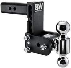 Black B&W Tow & Stow 2-Ball Mount hitch with 5-inch drop and 5.5-inch rise, 10K capacity, for Keystone Automotive vehicles.