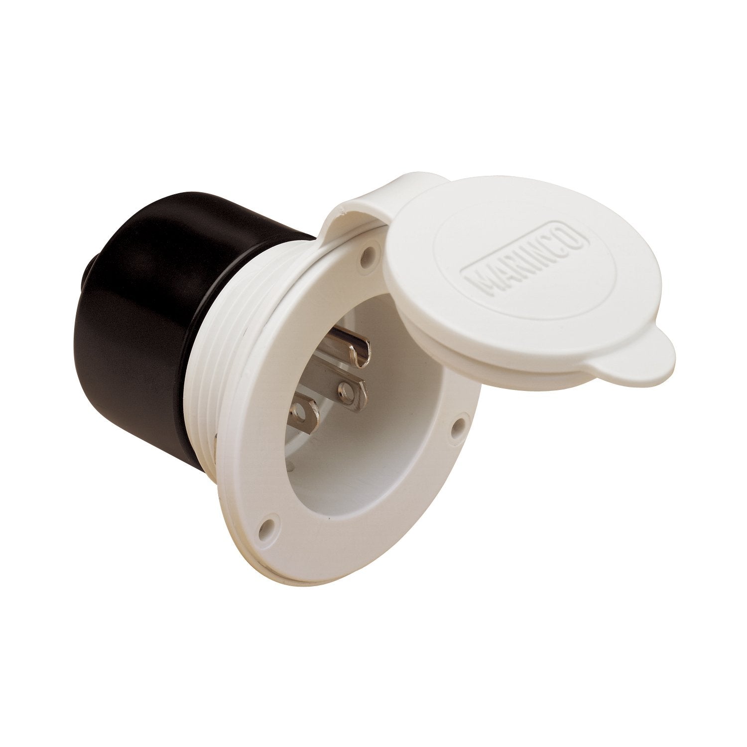 15 Amp 125 Volt straight blade power inlet by Meyer Distributing, used for electrical connections in RVs and appliances.