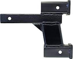 Dual hitch with 2-inch and 8-inch offset from Meyer Distributing, showing the sturdy metal construction for towing applications.